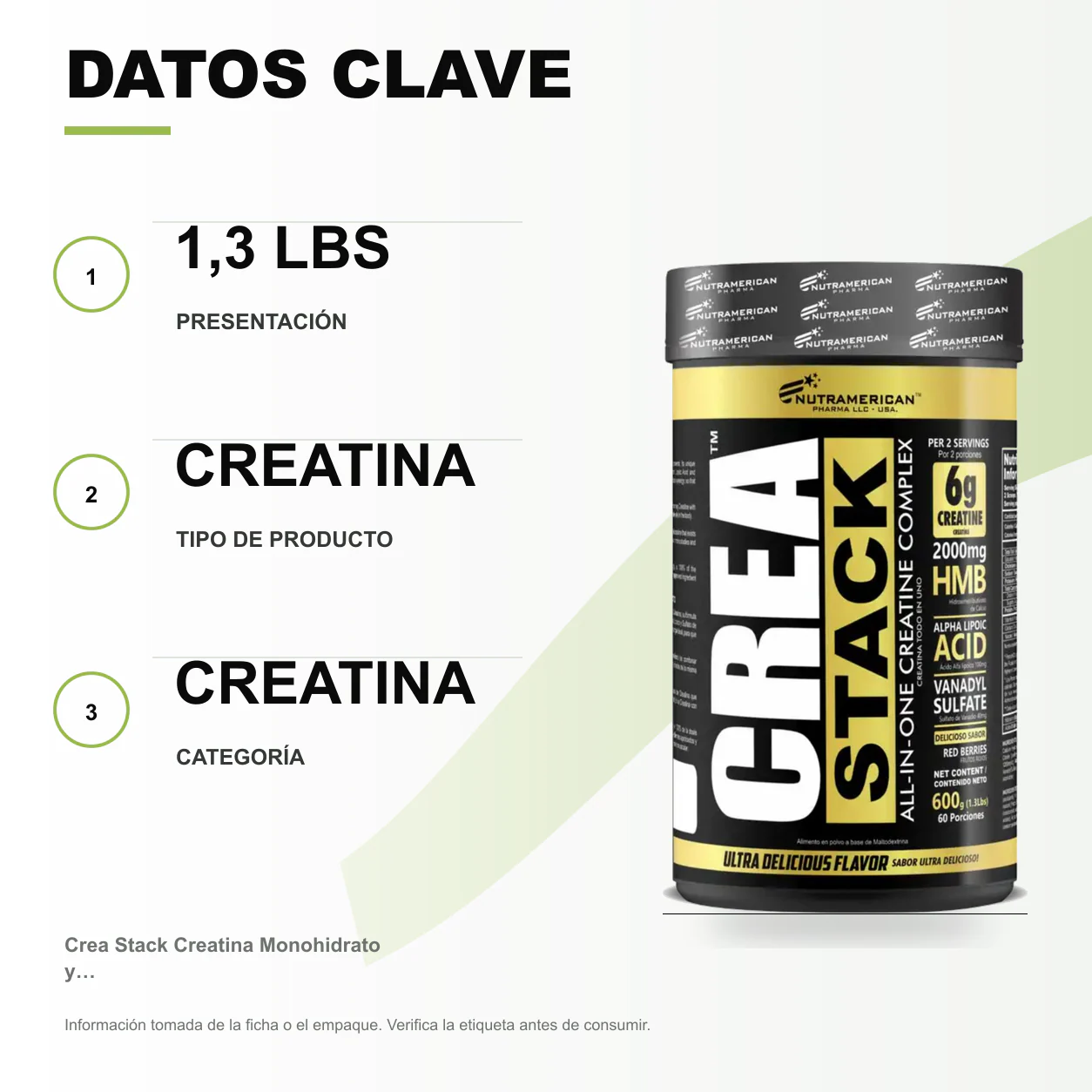 Crea Stack Creatina Monohidrato y HMB 1,3 Lbs - Image 2