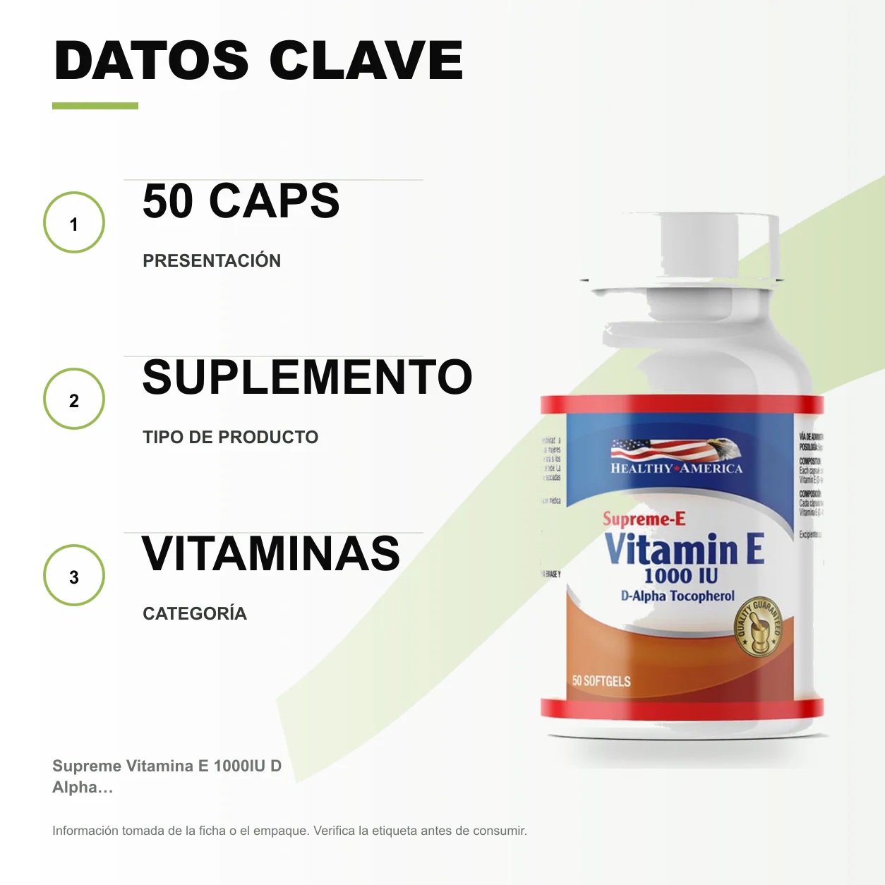 Supreme Vitamina E 1000IU D Alpha Tocopherol 50 Caps Healthy - Image 2