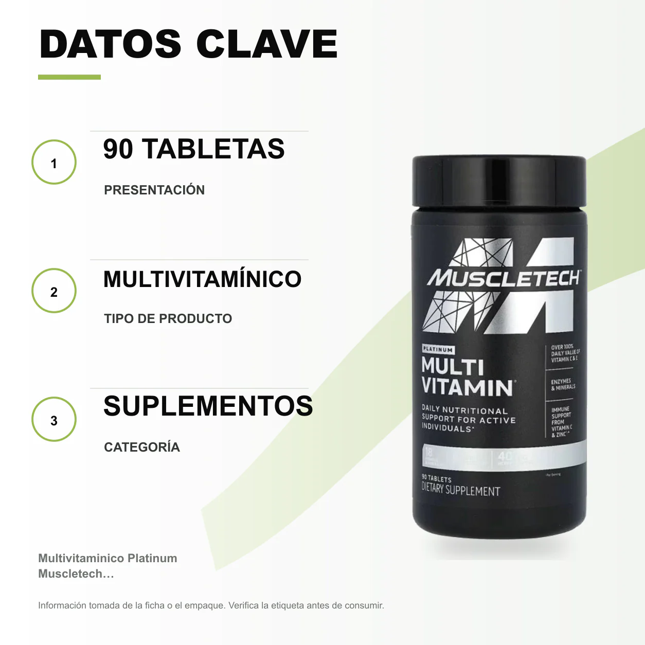 Multivitaminico Platinum Muscletech 90 tabletas - Image 2
