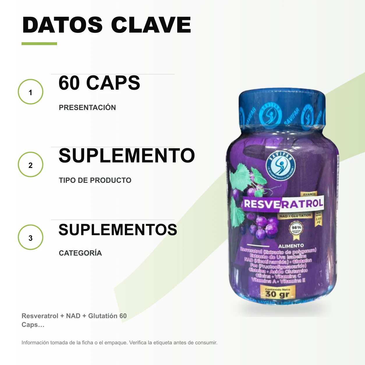 Resveratrol + NAD + Glutatión 60 Caps Savifar - Image 2