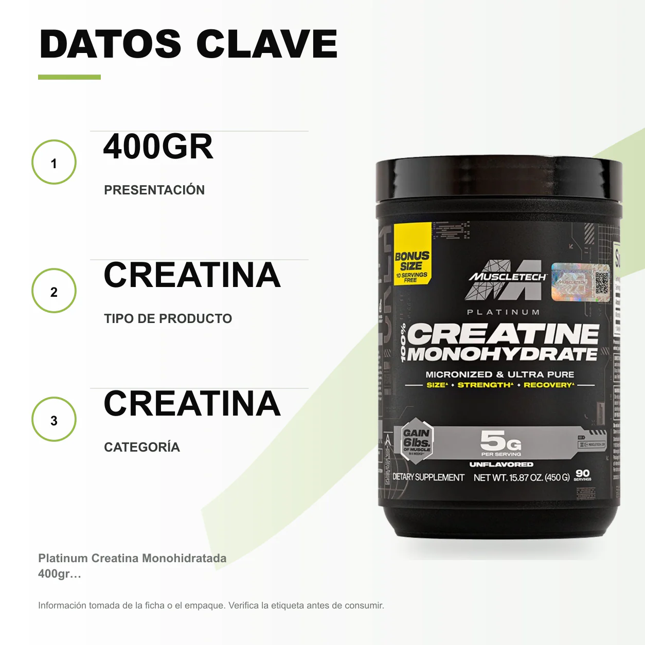 Platinum Creatina Monohidratada 400gr Muscletech - Image 2