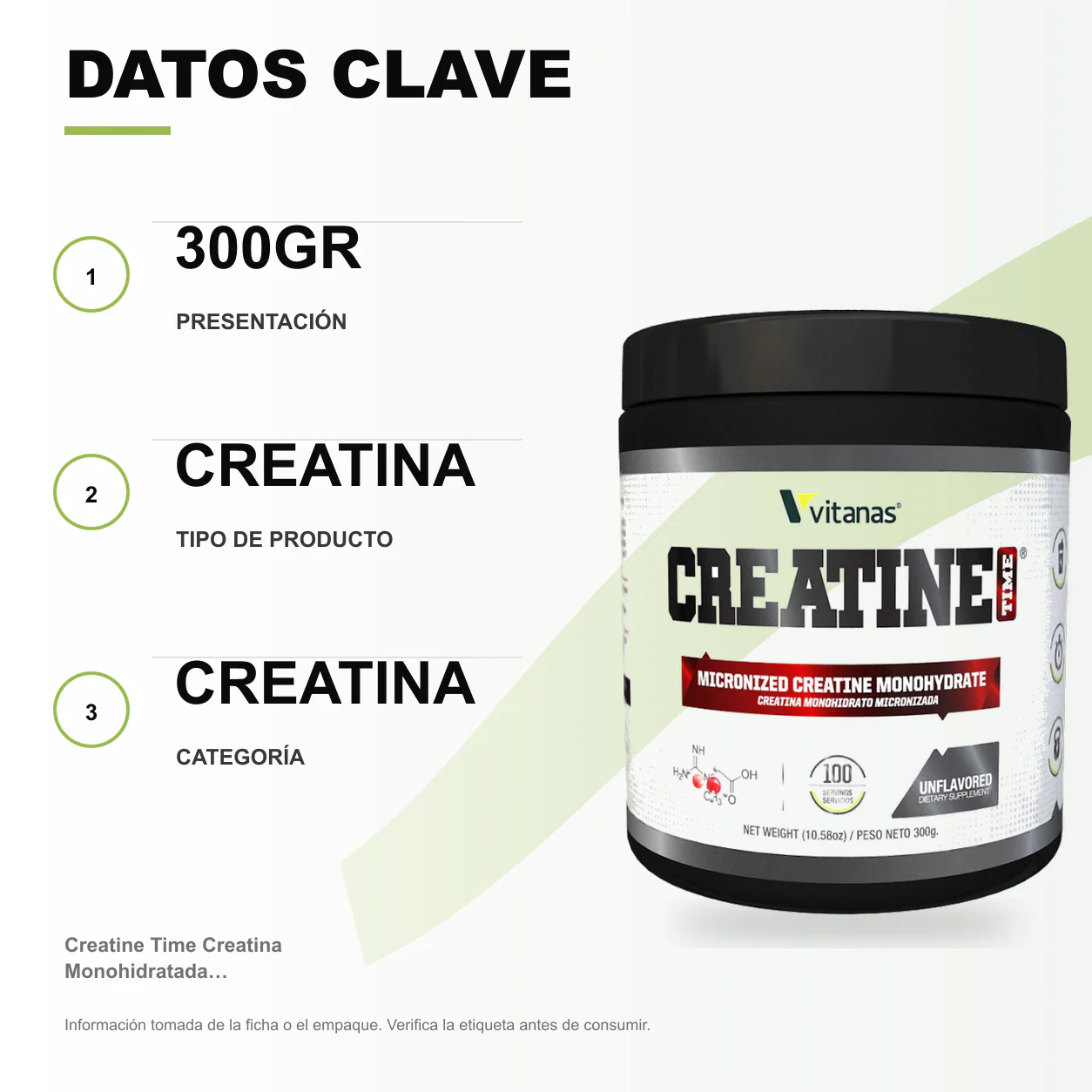 Creatine Time Creatina Monohidratada Micronizada 300gr Vitanas - Image 2