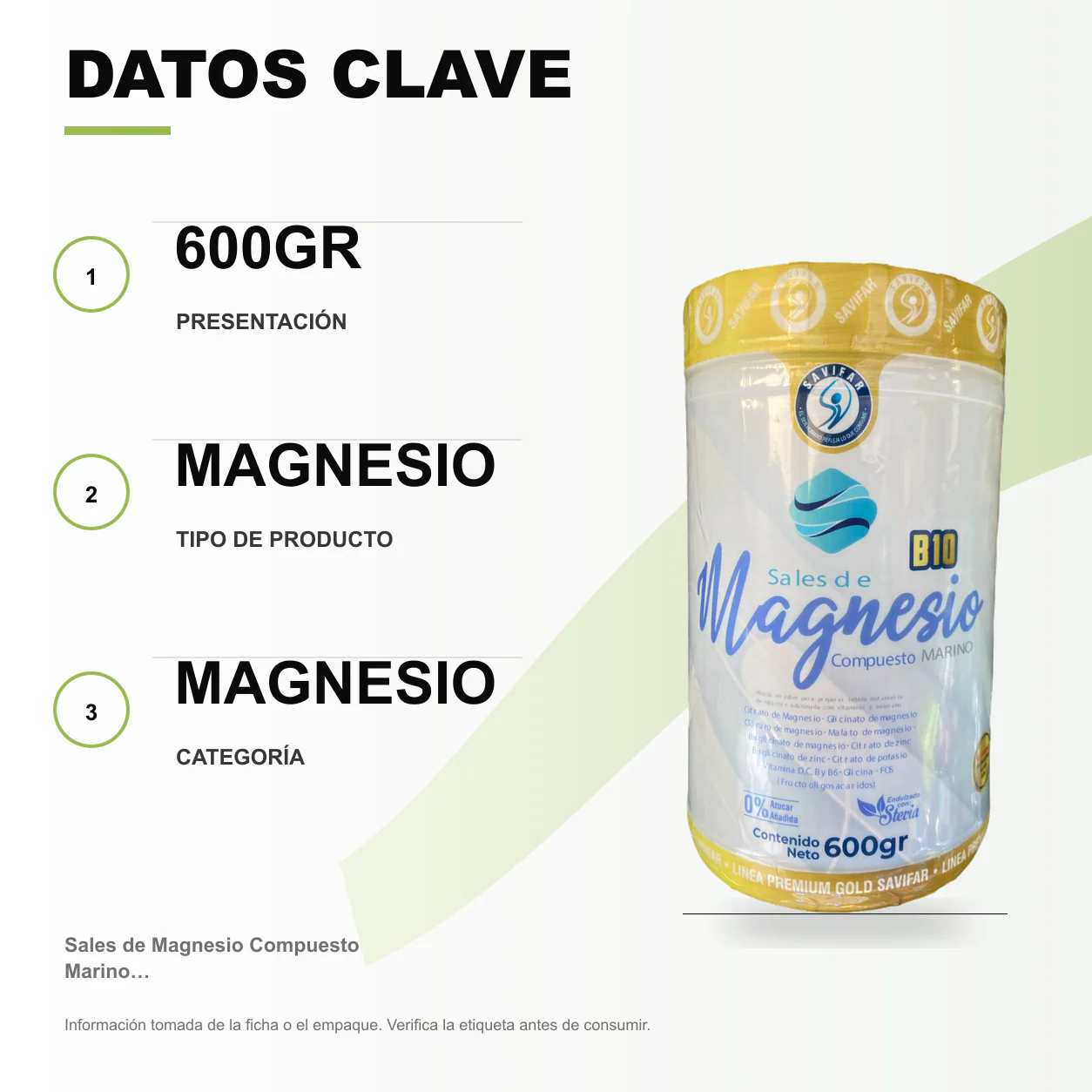 Sales de Magnesio Compuesto Marino 600gr Savifar - Image 2