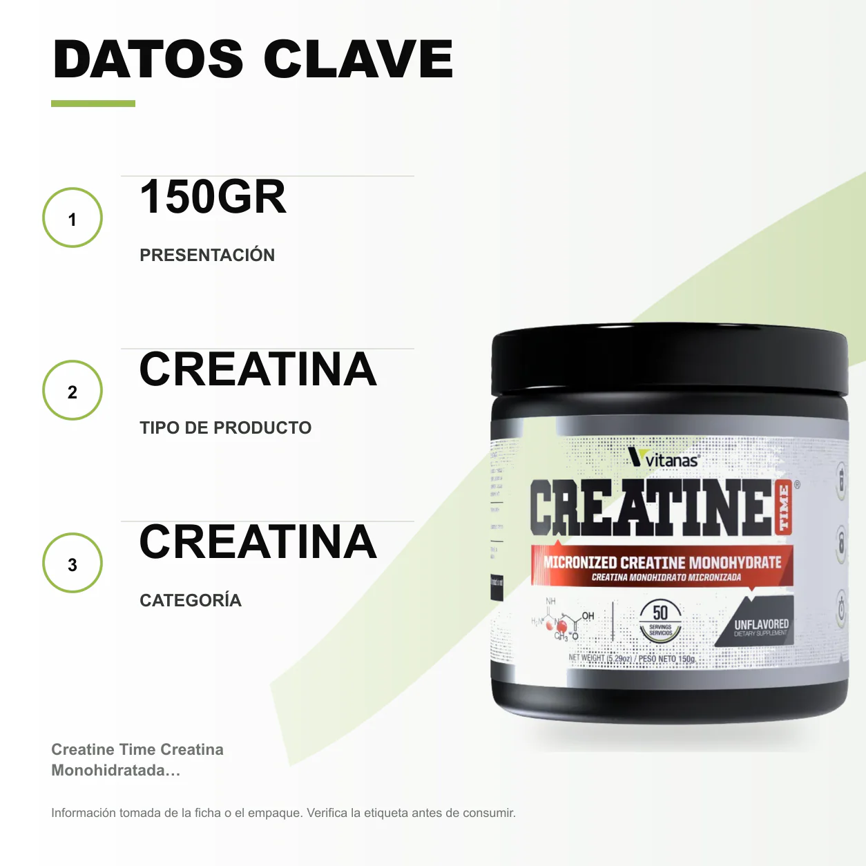 Creatine Time Creatina Monohidratada Micronizada 150gr Vitanas - Image 2