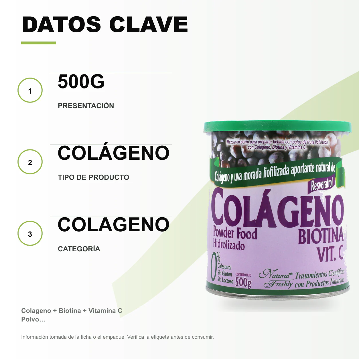 Colageno + Biotina + Vitamina C Polvo 500G - Natural Freshly - Image 2