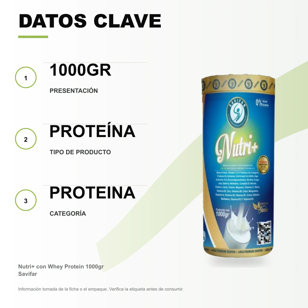 Nutri+ con Whey Protein 1000gr Savifar - Image 2