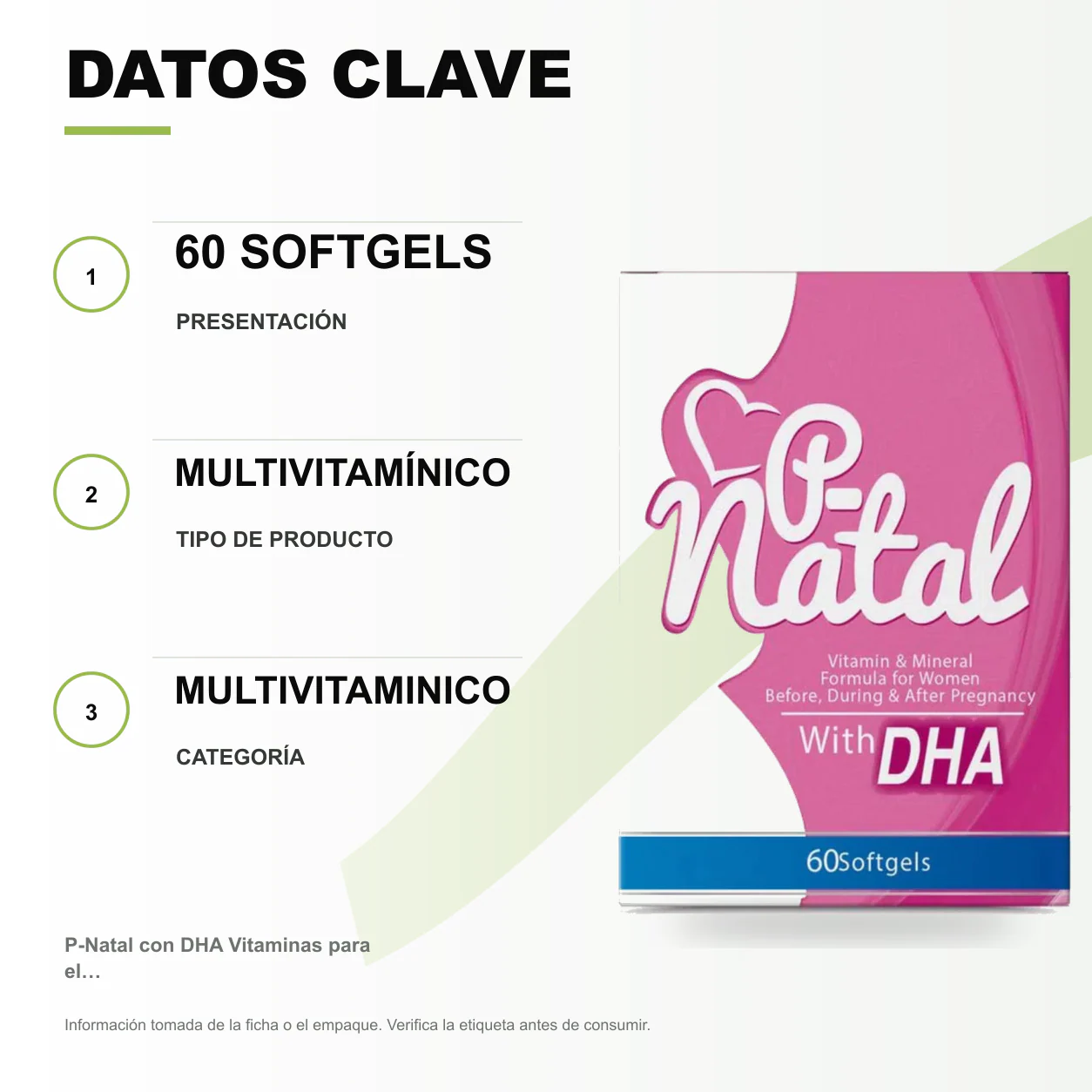 P-Natal con DHA Vitaminas para el Embarazo 60 Softgels - Image 2