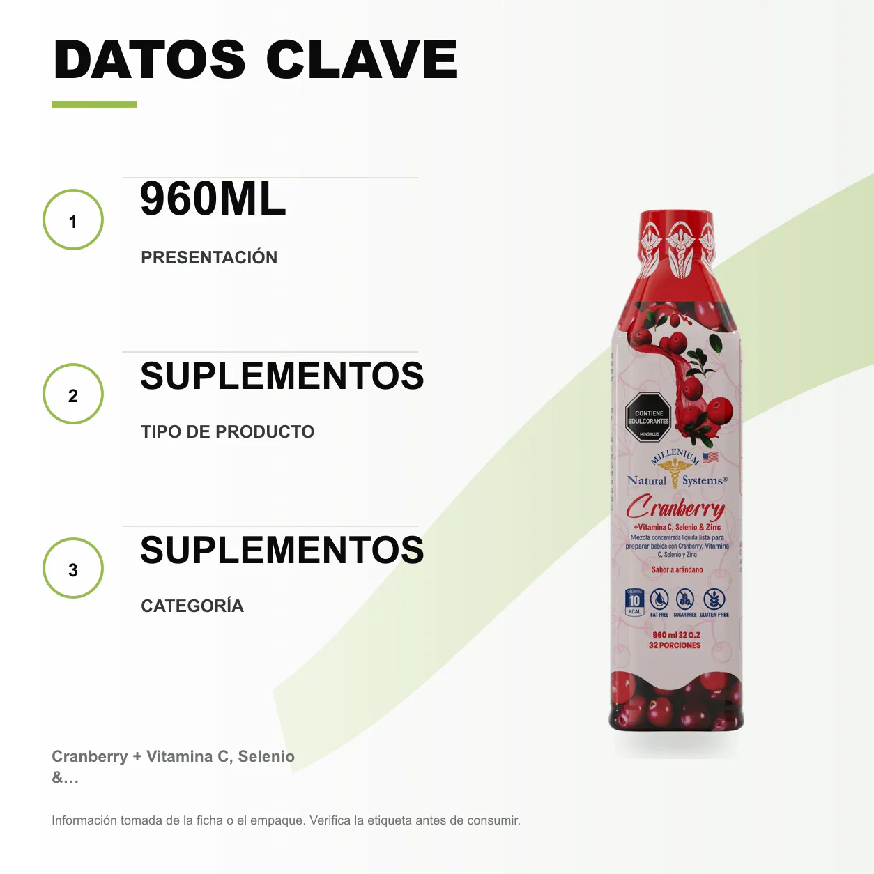Cranberry + Vitamina C, Selenio & Zinc 960ml Natural systems - Image 2