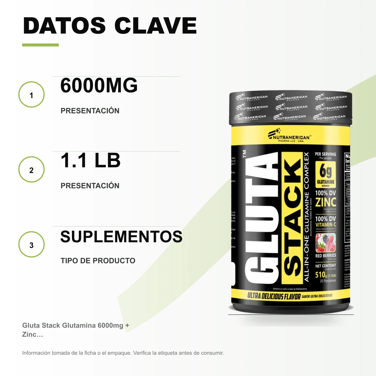 Gluta Stack Glutamina 6000mg + Zinc 1.1 Lb - Image 2