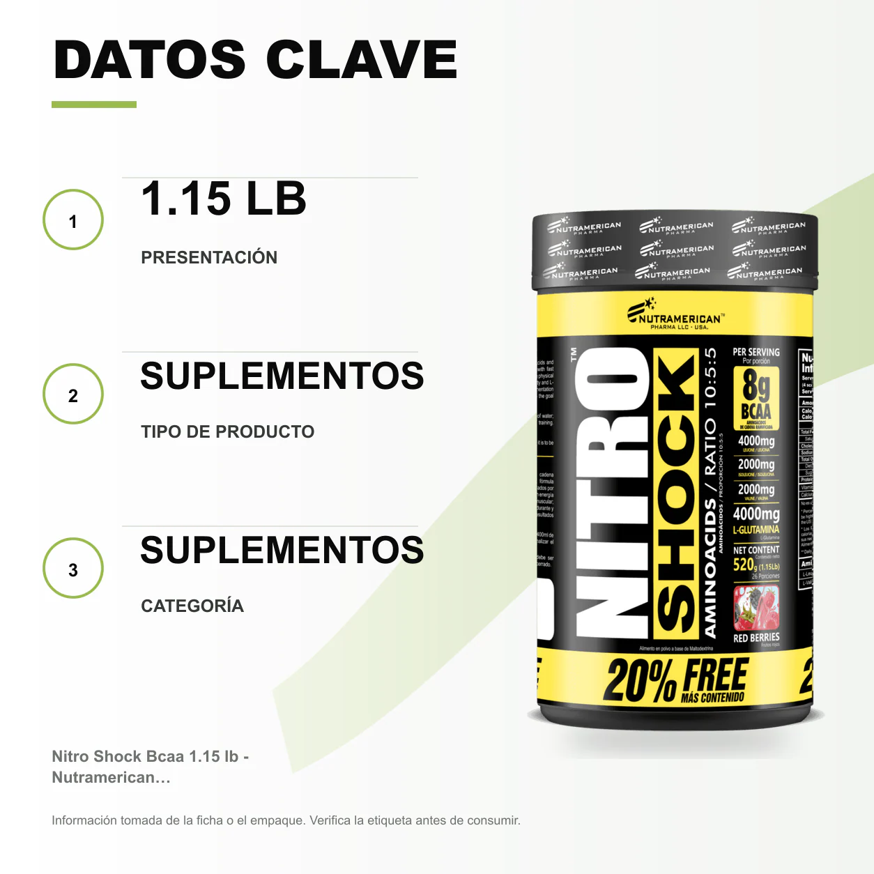 Nitro Shock Bcaa 1.15 lb - Nutramerican Pharma - Image 2