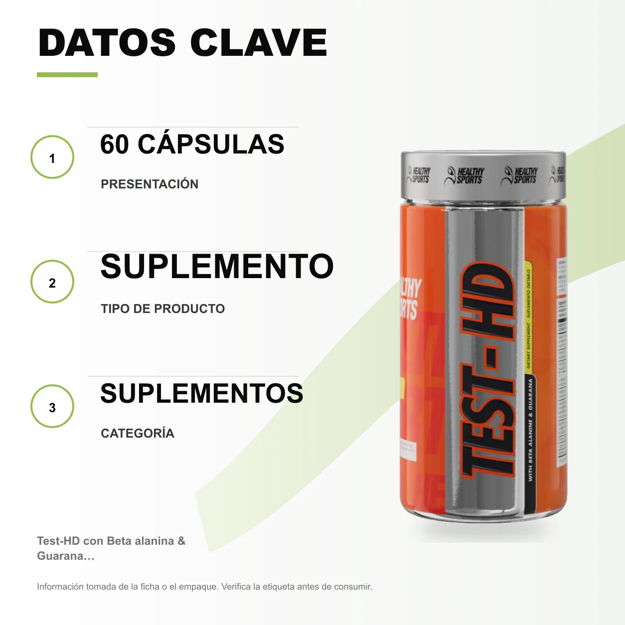 Test-HD con Beta alanina & Guarana 60 Cápsulas Healthy Sports - Image 2