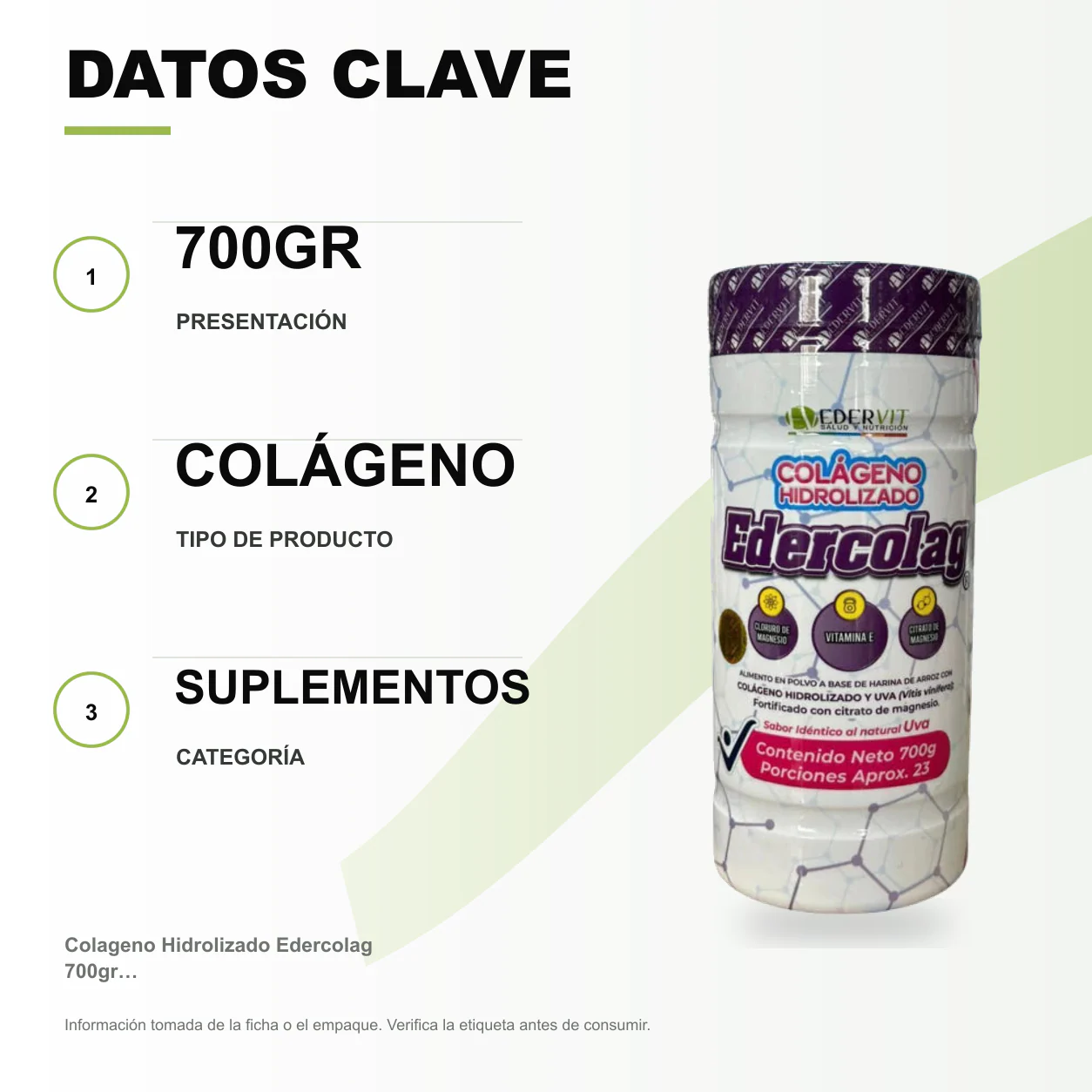 Colageno Hidrolizado Edercolag 700gr con Cloruro de Magnesio - Image 2