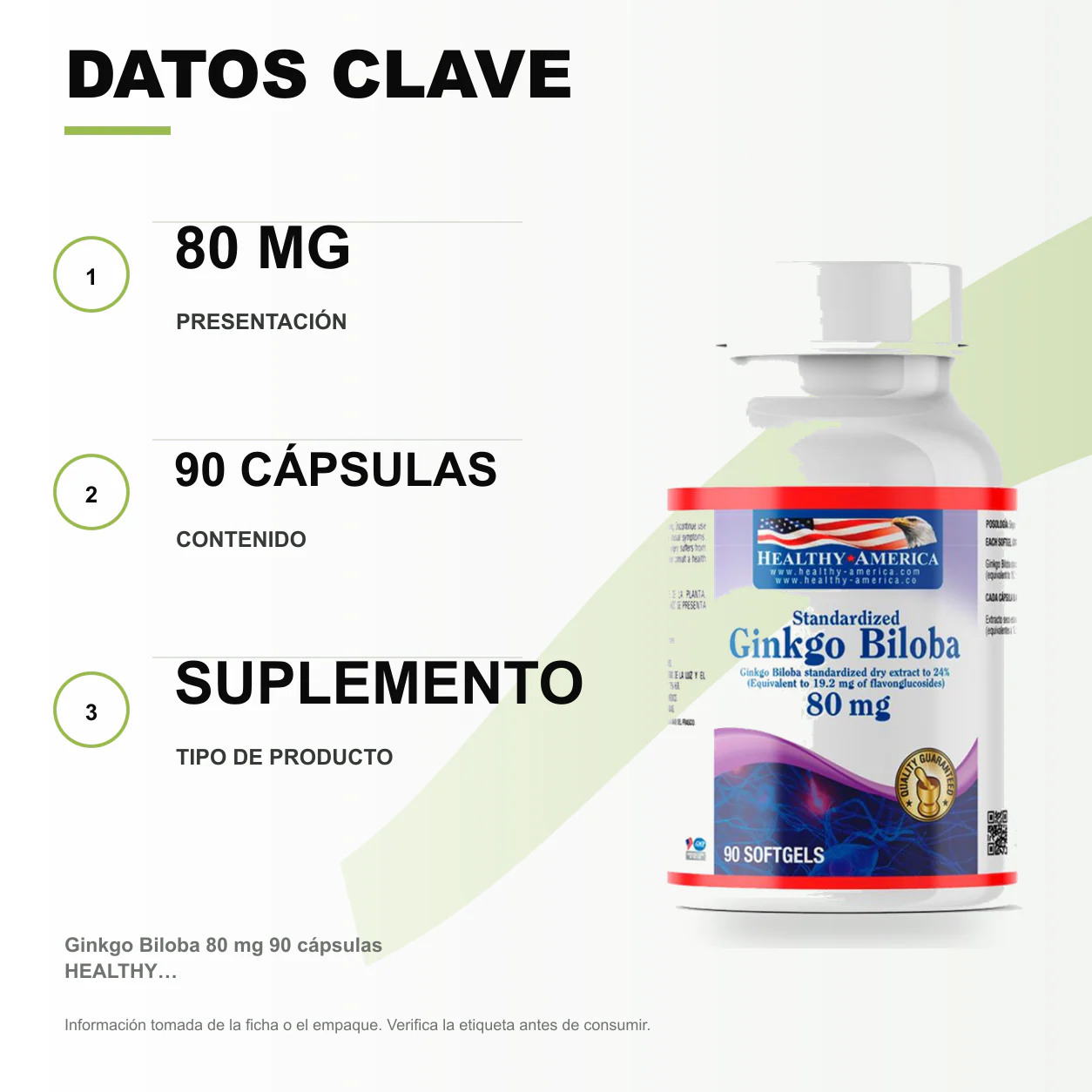 Ginkgo Biloba 80 mg 90 cápsulas HEALTHY AMERICA - Image 2
