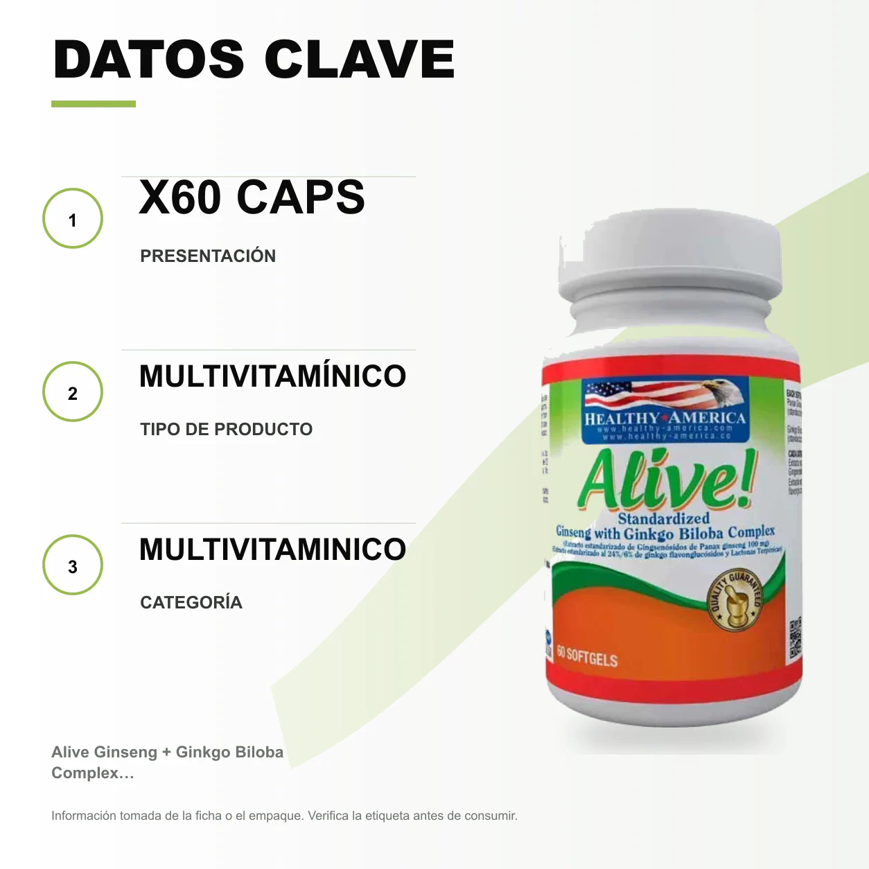 Alive Ginseng + Ginkgo Biloba Complex x60 Caps Healthy America - Image 2