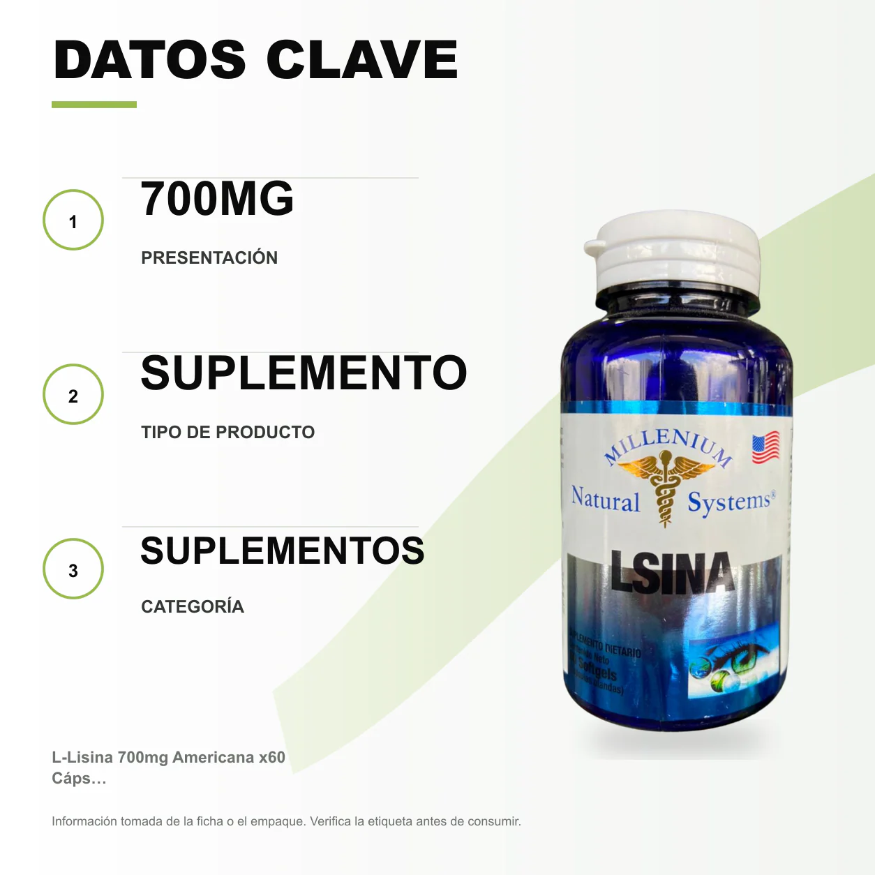 L-Lisina 700mg Americana x60 Cáps Millenium - Image 2