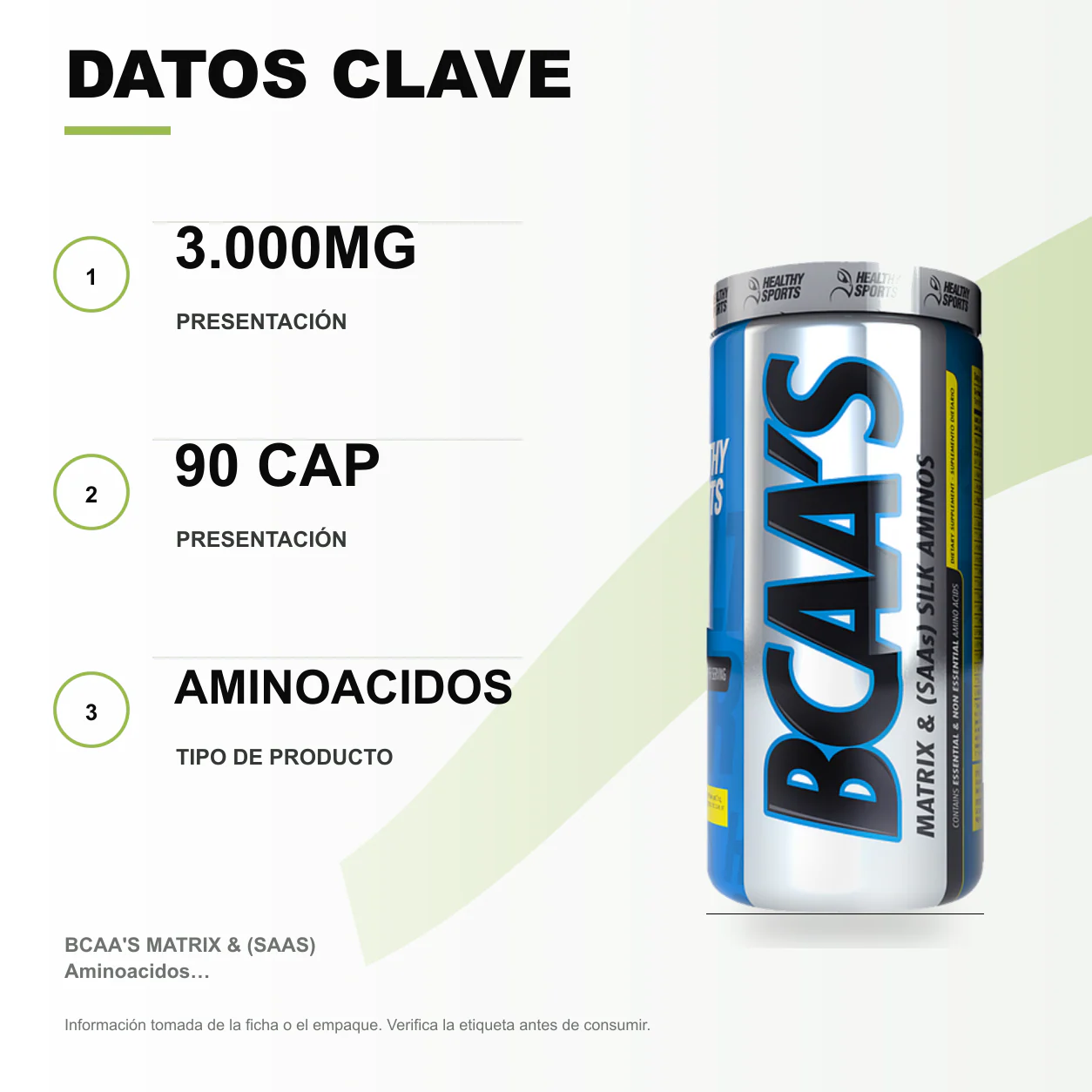 BCAA'S MATRIX & (SAAS) Aminoacidos 3.000mg 90 Cap Healthy Sports - Image 2