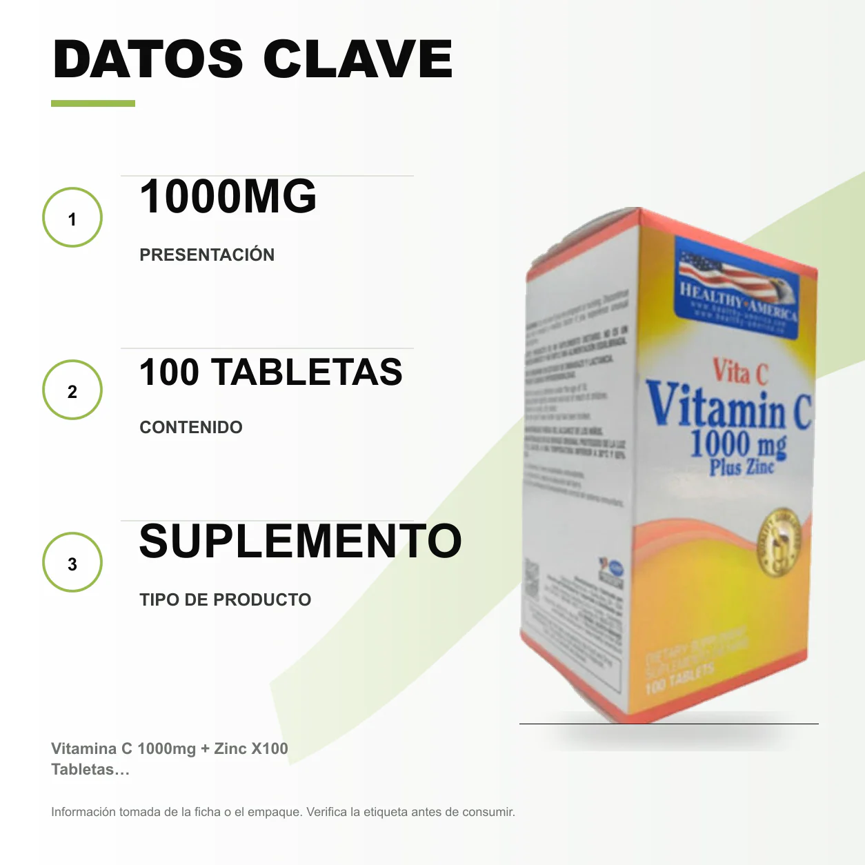Vitamina C 1000mg + Zinc X100 Tabletas - Healthy America - Image 2