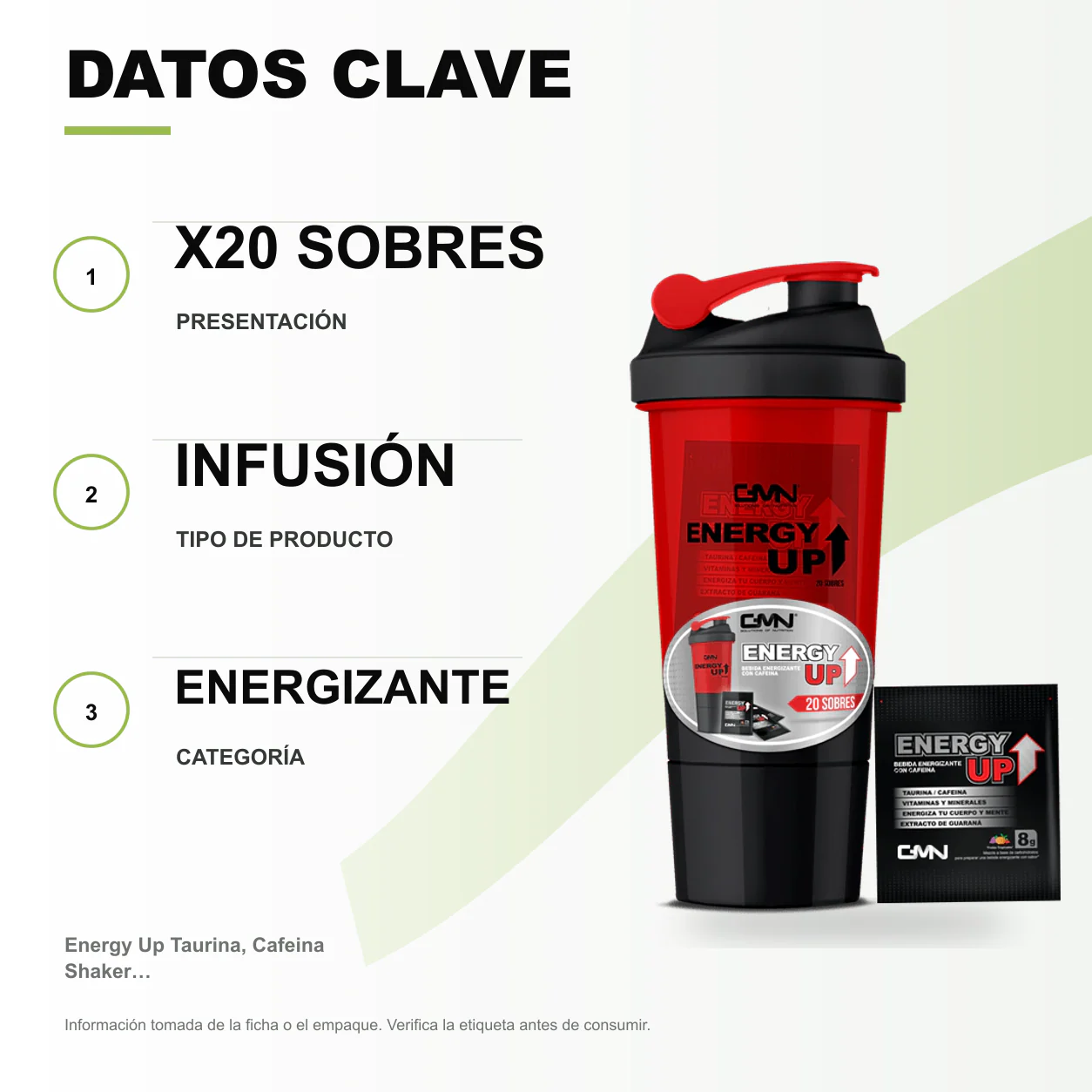 Energy Up Taurina, Cafeina Shaker X20 Sobres Gmn - Image 2