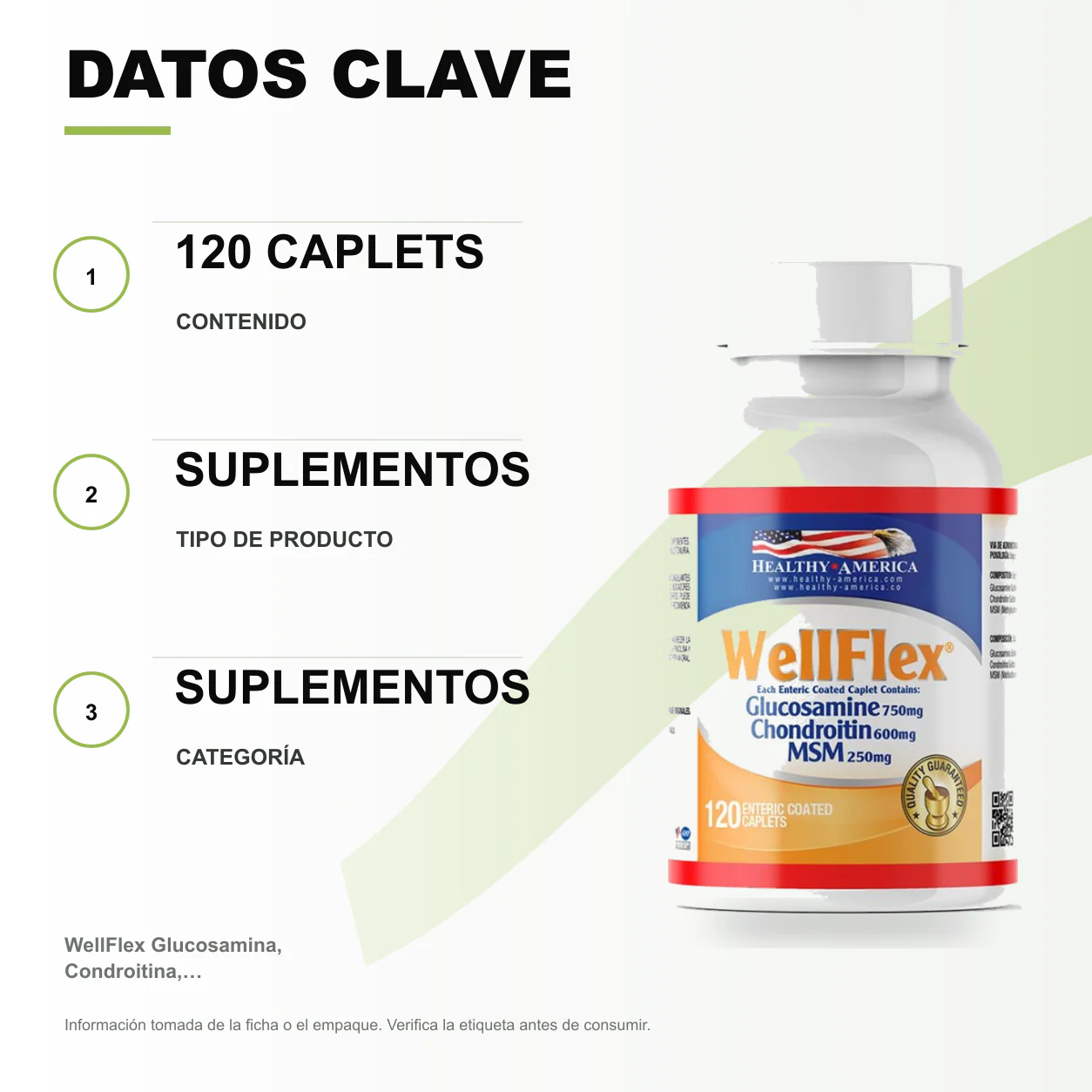 WellFlex Glucosamina, Condroitina, MSM 120 Caplets - Healthy America - Image 2
